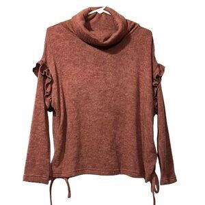 La Charme U Burnt Orange Cowl Neck Pullover Sweater Ruched Sides Ruffle Shoulder